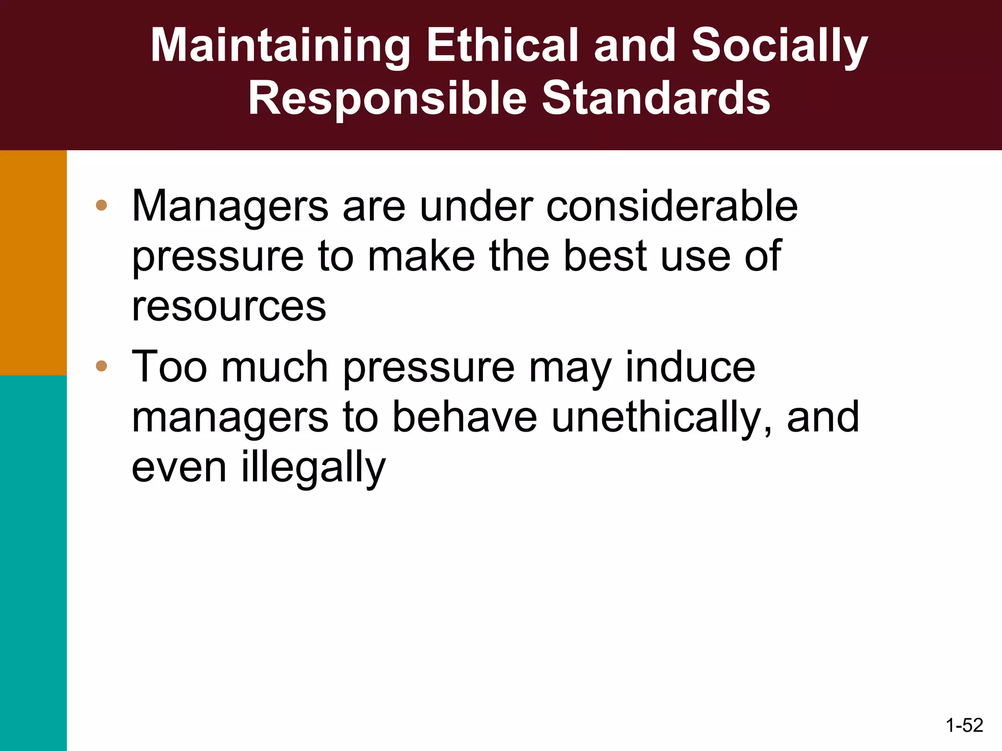 Maintaining Ethical and Socially Responsible Standards Managers are under considerable pressure to make the best use of resources Too much pressure may induce managers to behave unethically, and even illegally 1- 