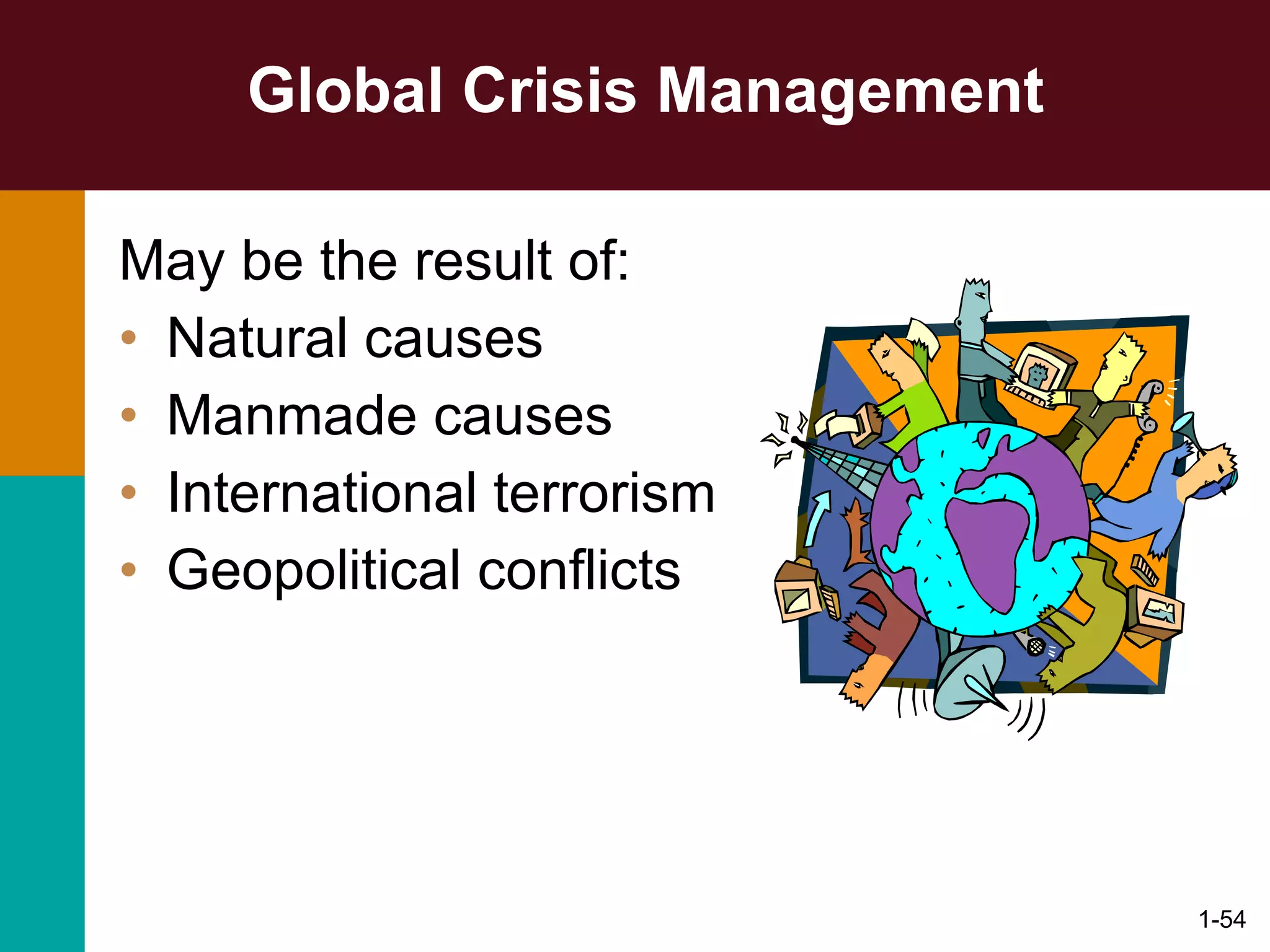 Global Crisis Management May be the result of: Natural causes Manmade causes International terrorism Geopolitical conflicts 1- 
