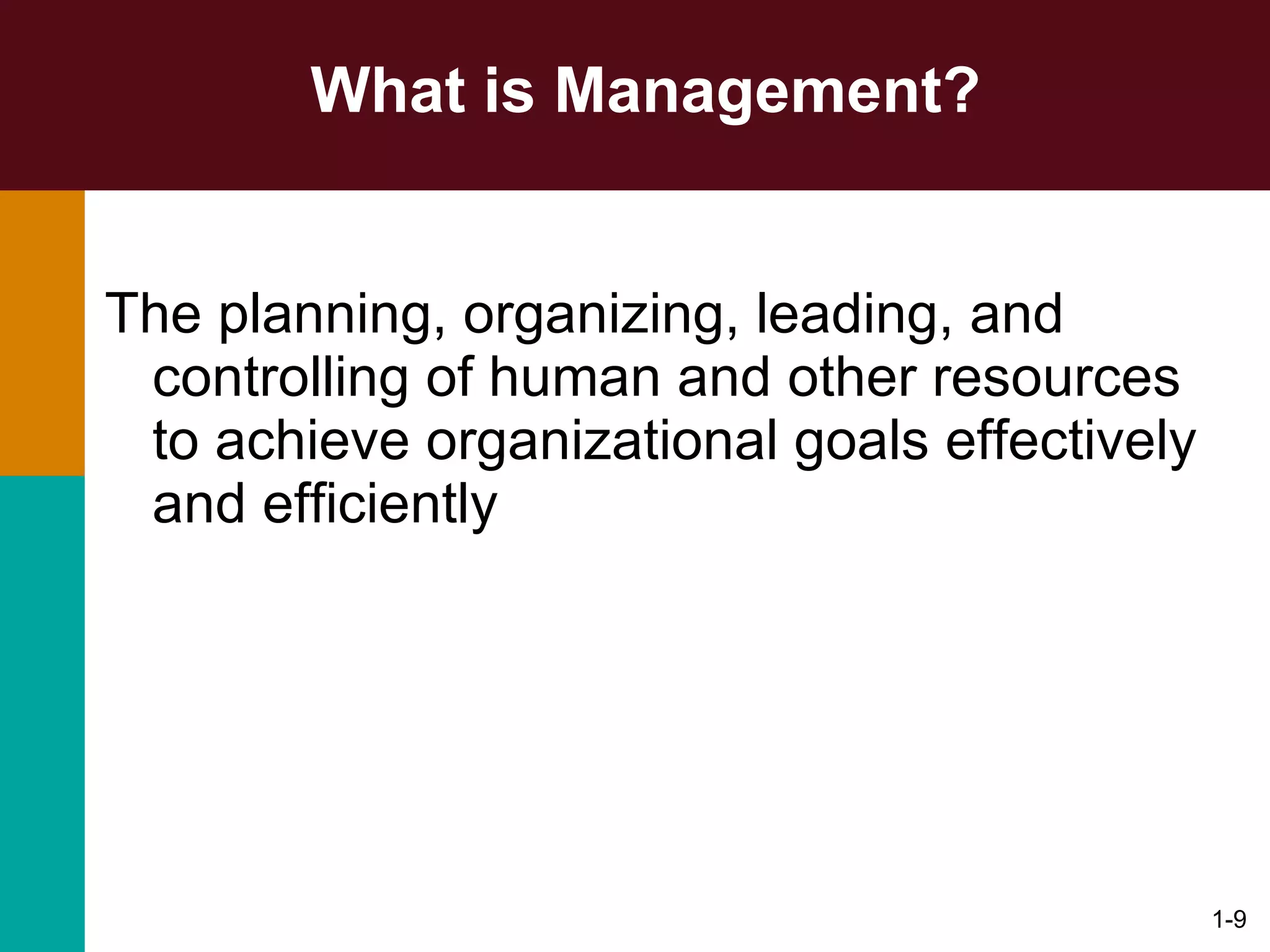 What is Management? The planning, organizing, leading, and controlling of human and other resources to achieve organizational goals effectively and efficiently 1- 