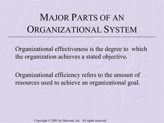 Organizational effectiveness is the degree to  which the organization achieves a stated objective. Organizational efficiency refers to the amount of resources used to achieve an organizational goal. M AJOR  P ARTS OF AN  O RGANIZATIONAL  S YSTEM 