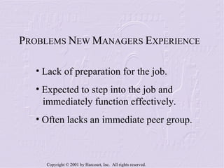 P ROBLEMS  N EW  M ANAGERS  E XPERIENCE Lack of preparation for the job. Expected to step into the job and  immediately function effectively. Often lacks an immediate peer group. 