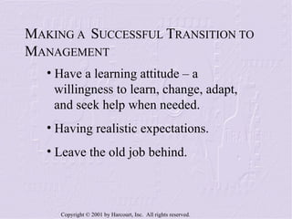 M AKING A  S UCCESSFUL  T RANSITION TO  M ANAGEMENT Have a learning attitude – a  willingness to learn, change, adapt,  and seek help when needed. Having realistic expectations. Leave the old job behind. 