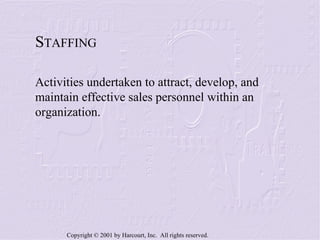 S TAFFING Activities undertaken to attract, develop, and maintain effective sales personnel within an organization. 