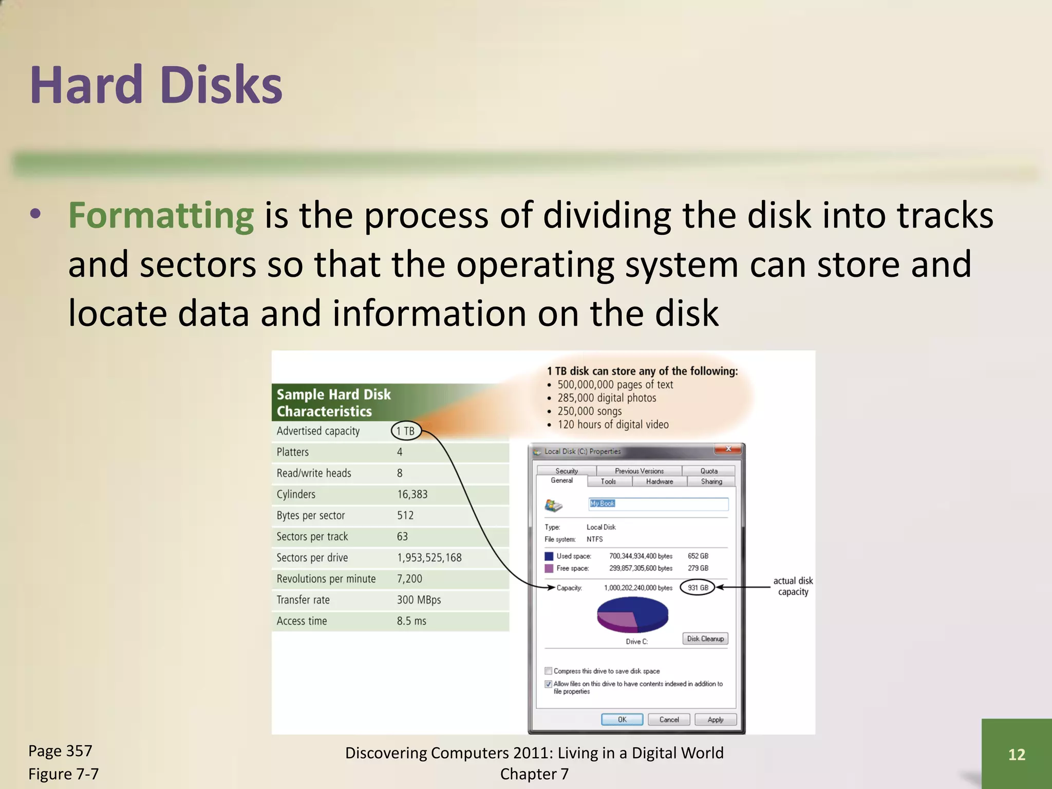 Hard Disks

• Formatting is the process of dividing the disk into tracks
  and sectors so that the operating system can store and
  locate data and information on the disk




Page 357           Discovering Computers 2011: Living in a Digital World   12
Figure 7-7                             Chapter 7
 