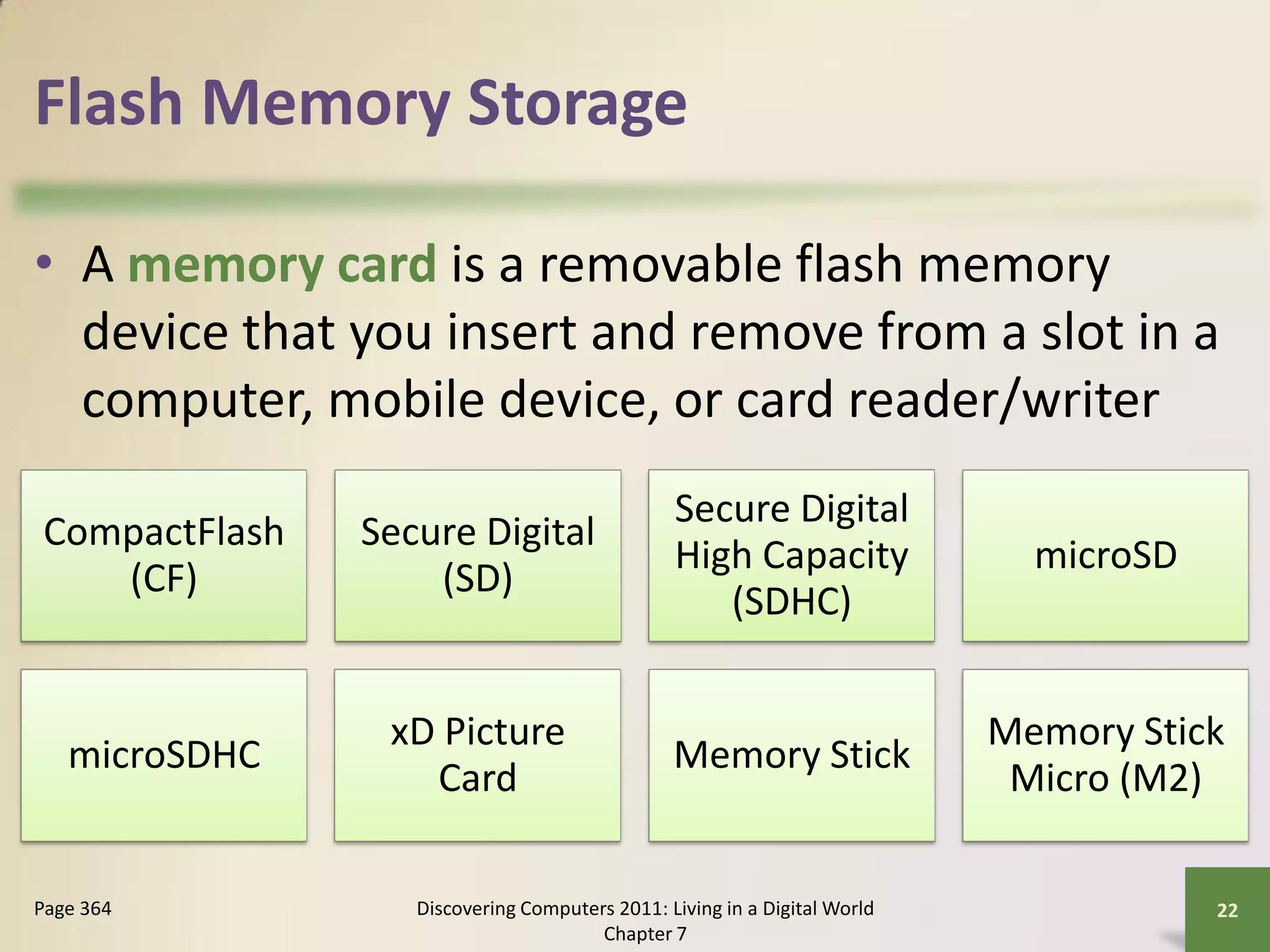 Flash Memory Storage

• A memory card is a removable flash memory
  device that you insert and remove from a slot in a
  computer, mobile device, or card reader/writer
                                               Secure Digital
CompactFlash   Secure Digital
                                               High Capacity                microSD
   (CF)            (SD)
                                                  (SDHC)


                xD Picture                                                Memory Stick
   microSDHC                                   Memory Stick
                  Card                                                     Micro (M2)

Page 364          Discovering Computers 2011: Living in a Digital World               22
                                      Chapter 7
 