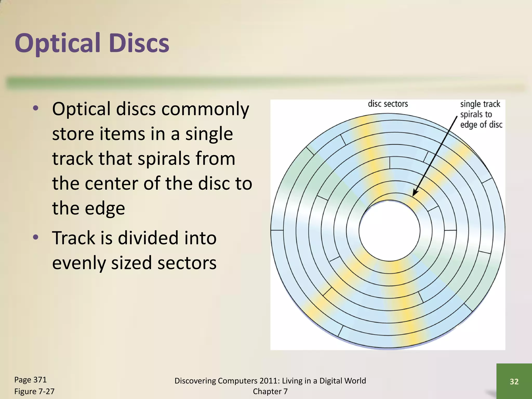 Optical Discs

    • Optical discs commonly
      store items in a single
      track that spirals from
      the center of the disc to
      the edge
    • Track is divided into
      evenly sized sectors




Page 371             Discovering Computers 2011: Living in a Digital World   32
Figure 7-27                              Chapter 7
 