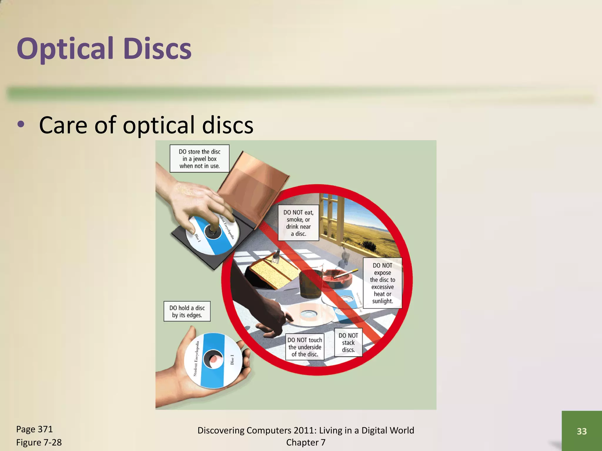 Optical Discs

• Care of optical discs




Page 371         Discovering Computers 2011: Living in a Digital World   33
Figure 7-28                          Chapter 7
 