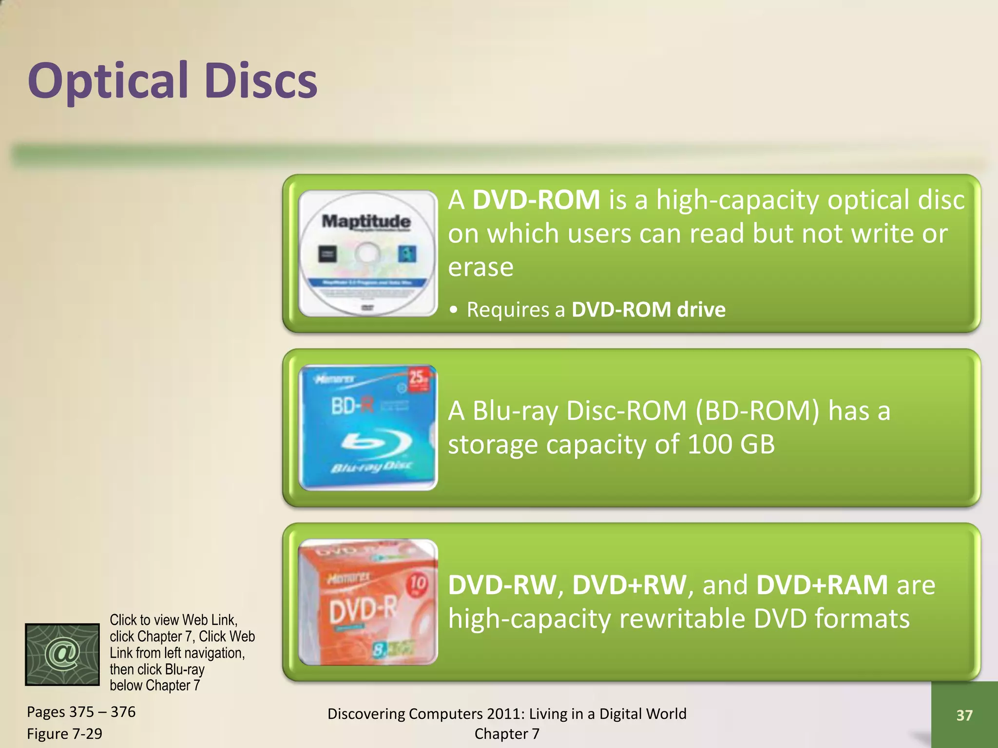 Optical Discs

                                                         A DVD-ROM is a high-capacity optical disc
                                                         on which users can read but not write or
                                                         erase
                                                         • Requires a DVD-ROM drive



                                                         A Blu-ray Disc-ROM (BD-ROM) has a
                                                         storage capacity of 100 GB



                                                         DVD-RW, DVD+RW, and DVD+RAM are
           Click to view Web Link,
           click Chapter 7, Click Web
                                                         high-capacity rewritable DVD formats
           Link from left navigation,
           then click Blu-ray
           below Chapter 7
Pages 375 – 376                         Discovering Computers 2011: Living in a Digital World    37
Figure 7-29                                                 Chapter 7
 