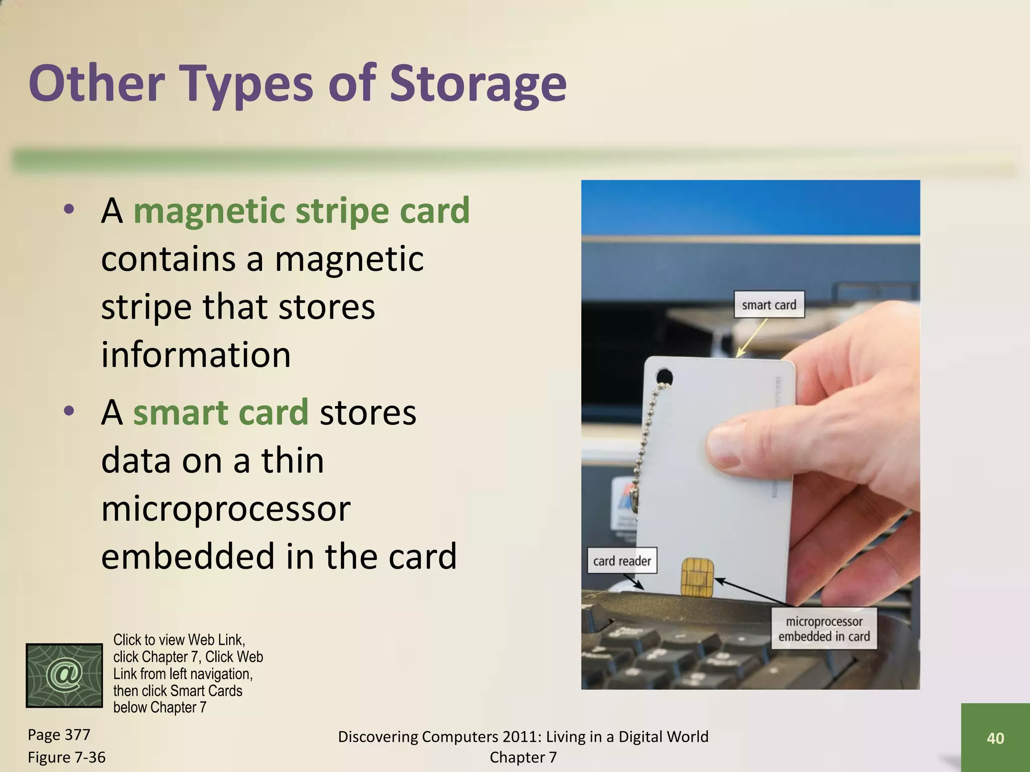 Other Types of Storage

    • A magnetic stripe card
      contains a magnetic
      stripe that stores
      information
    • A smart card stores
      data on a thin
      microprocessor
      embedded in the card
              Click to view Web Link,
              click Chapter 7, Click Web
              Link from left navigation,
              then click Smart Cards
              below Chapter 7
Page 377                                   Discovering Computers 2011: Living in a Digital World   40
Figure 7-36                                                    Chapter 7
 