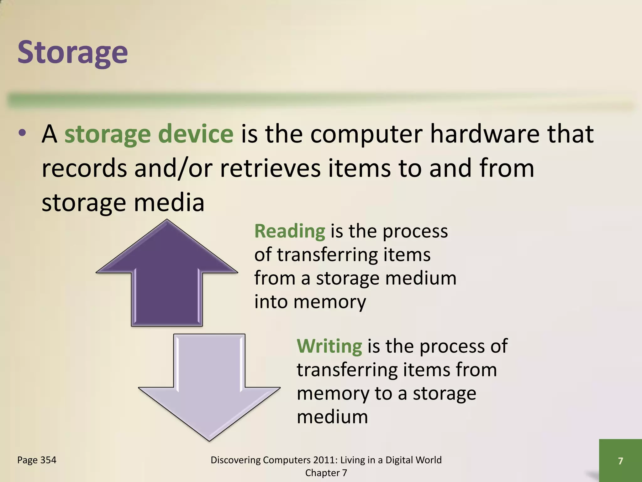 Storage

• A storage device is the computer hardware that
  records and/or retrieves items to and from
  storage media
                         Reading is the process
                         of transferring items
                         from a storage medium
                         into memory

                                   Writing is the process of
                                   transferring items from
                                   memory to a storage
                                   medium
Page 354        Discovering Computers 2011: Living in a Digital World   7
                                    Chapter 7
 