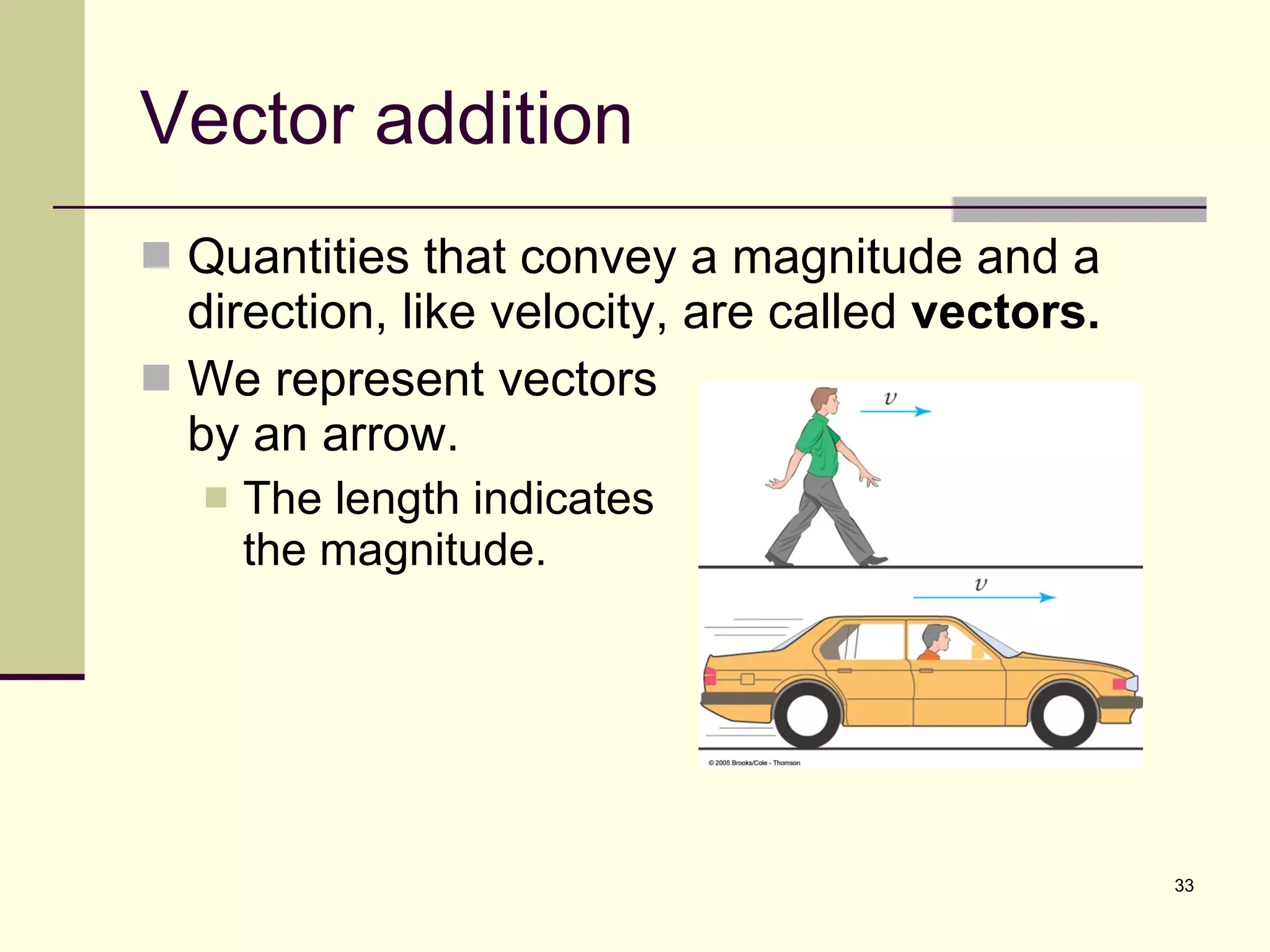 Vector addition Quantities that convey a magnitude and a direction, like velocity, are called  vectors. We represent vectors  by an arrow. The length indicates  the magnitude. 