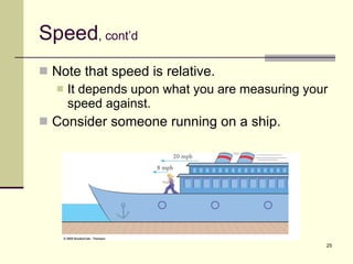Speed , cont’d Note that speed is relative. It depends upon what you are measuring your speed against. Consider someone running on a ship. 