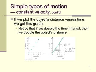 Simple types of motion — constant velocity , cont’d If we plot the object’s distance versus time, we get this graph. Notice that if we double the time interval, then we double the object’s distance. 