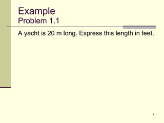 Example Problem 1.1 A yacht is 20 m long. Express this length in feet. 