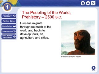 NEXT Illustration of  Homo erectus The Peopling of the World, Prehistory  –  2500  B.C. Humans migrate throughout much of the world and begin to develop tools, art, agriculture and cities. 