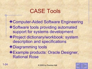 CASE Tools Computer-Aided Software Engineering Software tools providing automated support for systems development Project dictionary/workbook: system description and specifications Diagramming tools Example products: Oracle Designer, Rational Rose 