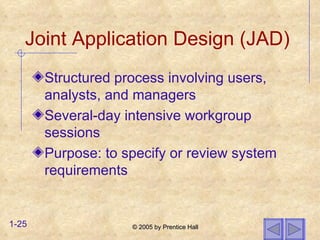 Joint Application Design (JAD) Structured process involving users, analysts, and managers Several-day intensive workgroup sessions Purpose: to specify or review system requirements 