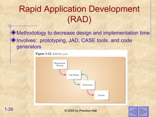 Rapid Application Development (RAD) Methodology to decrease design and implementation time Involves:  prototyping, JAD, CASE tools, and code generators 