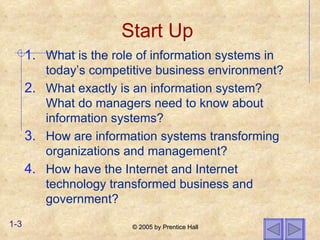 Start Up What is the role of information systems in today’s competitive business environment? What exactly is an information system? What do managers need to know about information systems? How are information systems transforming organizations and management? How have the Internet and Internet technology transformed business and government? 