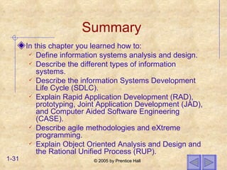 Summary In this chapter you learned how to: Define information systems analysis and design. Describe the different types of information systems. Describe the information Systems Development Life Cycle (SDLC). Explain Rapid Application Development (RAD), prototyping, Joint Application Development (JAD), and Computer Aided Software Engineering (CASE). Describe agile methodologies and eXtreme programming. Explain Object Oriented Analysis and Design and the Rational Unified Process (RUP). 