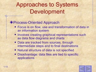 Approaches to Systems Development Process-Oriented Approach Focus is on flow, use and transformation of data in an information system Involves creating graphical representations such as data flow diagrams and charts Data are tracked from sources, through intermediate steps and to final destinations Natural structure of data is not specified Disadvantage: data files are tied to specific applications 1. 