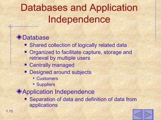 Databases and Application Independence Database Shared collection of logically related data Organized to facilitate capture, storage and retrieval by multiple users Centrally managed Designed around subjects Customers Suppliers Application Independence Separation of data and definition of data from applications 1. 