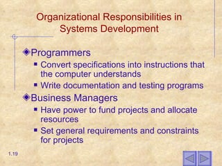 Organizational Responsibilities in Systems Development Programmers Convert specifications into instructions that the computer understands Write documentation and testing programs Business Managers Have power to fund projects and allocate resources Set general requirements and constraints for projects 1. 