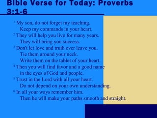 Bible Verse for Today: Proverbs 3:1-6 1  My son, do not forget my teaching.        Keep my commands in your heart.    2  They will help you live for many years.        They will bring you success.    3  Don't let love and truth ever leave you.        Tie them around your neck.        Write them on the tablet of your heart.    4  Then you will find favor and a good name        in the eyes of God and people.    5  Trust in the Lord with all your heart.        Do not depend on your own understanding.    6  In all your ways remember him.        Then he will make your paths smooth and straight.  