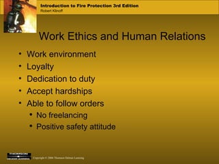 Work Ethics and Human Relations Work environment Loyalty Dedication to duty Accept hardships Able to follow orders No freelancing Positive safety attitude 