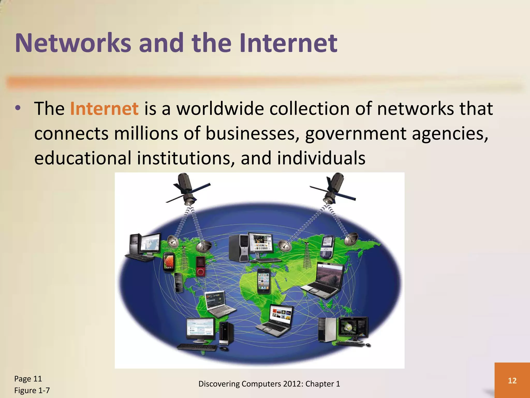 Networks and the Internet
• The Internet is a worldwide collection of networks that
connects millions of businesses, government agencies,
educational institutions, and individuals
Discovering Computers 2012: Chapter 1 12
Page 11
Figure 1-7
 