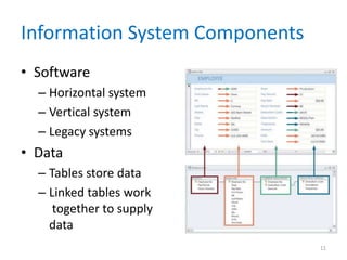 Information System Components
• Software
– Horizontal system
– Vertical system
– Legacy systems
• Data
– Tables store data
– Linked tables work
together to supply
data
11
 