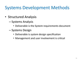 Systems Development Methods
• Structured Analysis
– Systems Analysis
• Deliverable is the System requirements document
– Systems Design
• Deliverable is system design specification
• Management and user involvement is critical
31
 