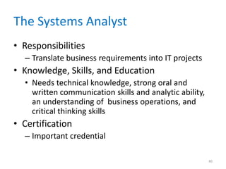 The Systems Analyst
• Responsibilities
– Translate business requirements into IT projects
• Knowledge, Skills, and Education
• Needs technical knowledge, strong oral and
written communication skills and analytic ability,
an understanding of business operations, and
critical thinking skills
• Certification
– Important credential
40
 