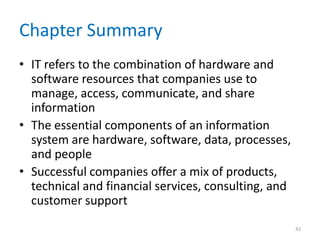 Chapter Summary
• IT refers to the combination of hardware and
software resources that companies use to
manage, access, communicate, and share
information
• The essential components of an information
system are hardware, software, data, processes,
and people
• Successful companies offer a mix of products,
technical and financial services, consulting, and
customer support
42
 