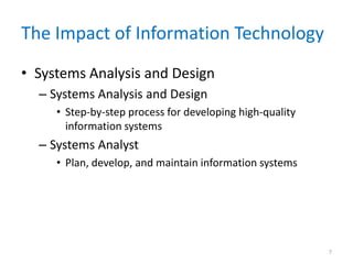 The Impact of Information Technology
• Systems Analysis and Design
– Systems Analysis and Design
• Step-by-step process for developing high-quality
information systems
– Systems Analyst
• Plan, develop, and maintain information systems
7
 
