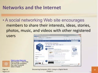 Networks and the Internet

• A social networking Web site encourages
  members to share their interests, ideas, stories,
  photos, music, and videos with other registered
  users




             Click to view Web Link,
             click Chapter 1, Click Web
             Link from left navigation,
             then click Facebook
             below Chapter 1
Page 14                                   Discovering Computers 2011: Living in a Digital World   14
Figure 1-9                                                    Chapter 1
 