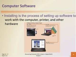 Computer Software

• Installing is the process of setting up software to
   work with the computer, printer, and other
   hardware




Pages 16 - 17   Discovering Computers 2011: Living in a Digital World   16
Figure 1-12                         Chapter 1
 
