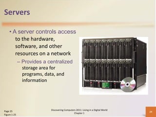 Servers

    • A server controls access
       to the hardware,
       software, and other
       resources on a network
              – Provides a centralized
                storage area for
                programs, data, and
                information




Page 25                     Discovering Computers 2011: Living in a Digital World
                                                                                    24
                                                Chapter 1
Figure 1-25
 