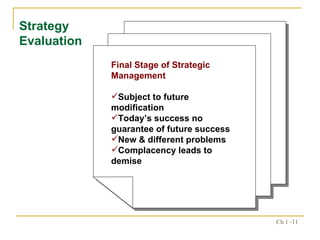 Strategy Evaluation Final Stage of Strategic Management Subject to future modification Today’s success no guarantee of future success New & different problems Complacency leads to demise 