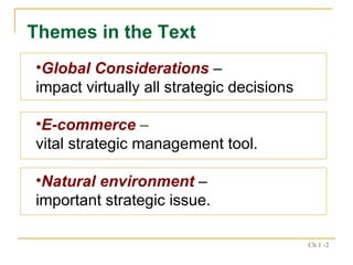 Themes in the Text Global Considerations   –  impact virtually all strategic decisions E-commerce  –  vital strategic management tool. Natural environment   –  important strategic issue. 