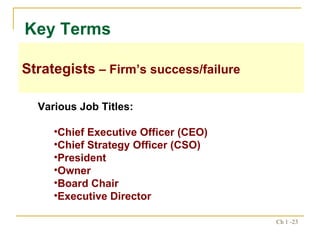 Key Terms Various Job Titles: Chief Executive Officer (CEO) Chief Strategy Officer (CSO) President Owner Board Chair Executive Director Strategists  – Firm’s success/failure 