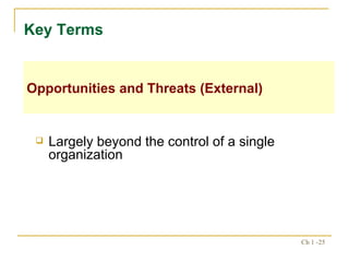 Largely beyond the control of a single organization Key Terms  Opportunities and Threats (External) 