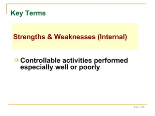 Controllable activities performed especially well or poorly Key Terms  Strengths & Weaknesses (Internal) 