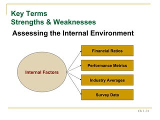 Assessing the Internal Environment Key Terms  Strengths & Weaknesses Internal Factors Performance Metrics Financial Ratios Industry Averages Survey Data 