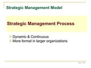 Dynamic & Continuous More formal in larger organizations Strategic Management Model Strategic Management Process 