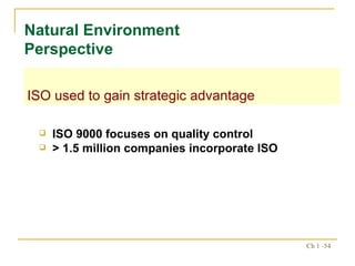 ISO 9000 focuses on quality control > 1.5 million companies incorporate ISO Natural Environment Perspective ISO used to gain strategic advantage 