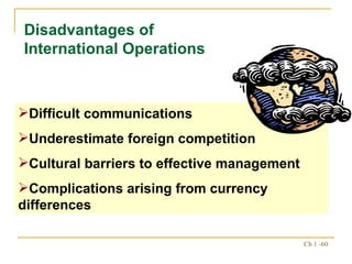 Disadvantages of International Operations Difficult communications Underestimate foreign competition Cultural barriers to effective management Complications arising from currency differences 