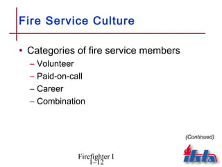 Fire Service Culture

• Categories of fire service members
  –   Volunteer
  –   Paid-on-call
  –   Career
  –   Combination



                                       (Continued)


                Firefighter I
                    1–12
 