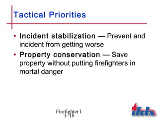 Tactical Priorities

• Incident stabilization — Prevent and
  incident from getting worse
• Property conservation — Save
  property without putting firefighters in
  mortal danger




              Firefighter I
                  1–18
 
