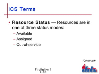 ICS Terms

• Resource Status — Resources are in
 one of three status modes:
  – Available
  – Assigned
  – Out-of-service



                                (Continued)


              Firefighter I
                  1–53
 